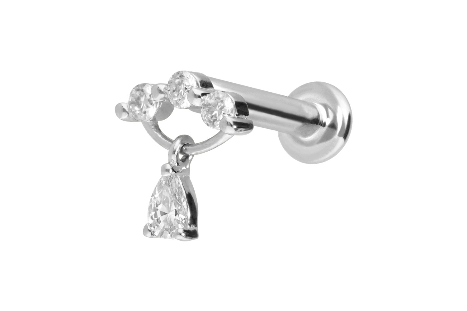 14 Karat Gold Labret Piercing mit Innengewinde MOISSANIT-BOGEN + MOISSANIT-TROPFEN